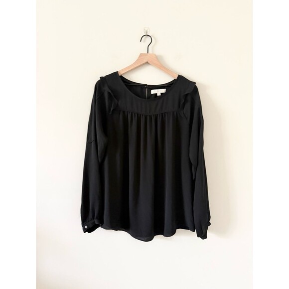 LOFT Tops - LOFT Black Long-Sleeve Ruffle Yoke Blouse Size L